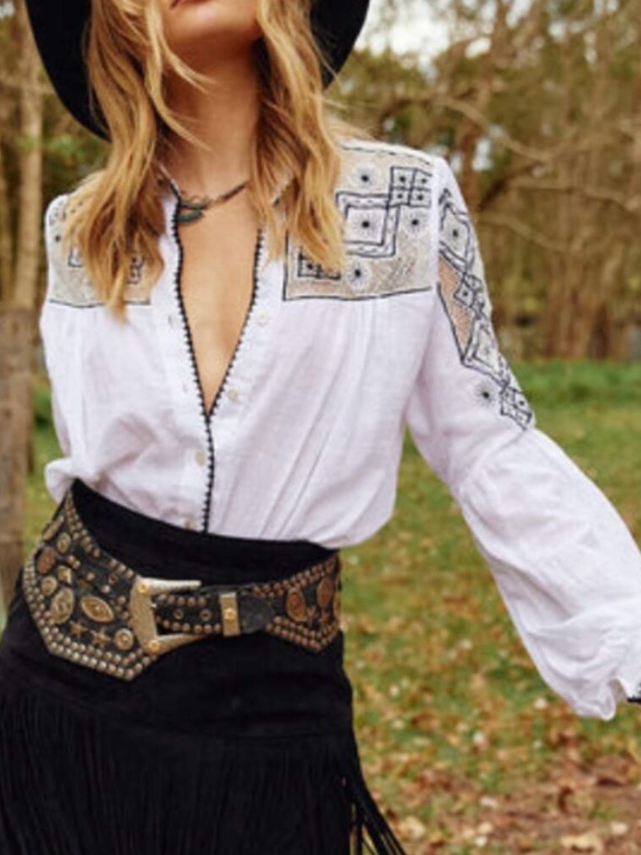 Chasing Unicorns Black & White Embroidered Western Peasant Blouse Shirt Handmade